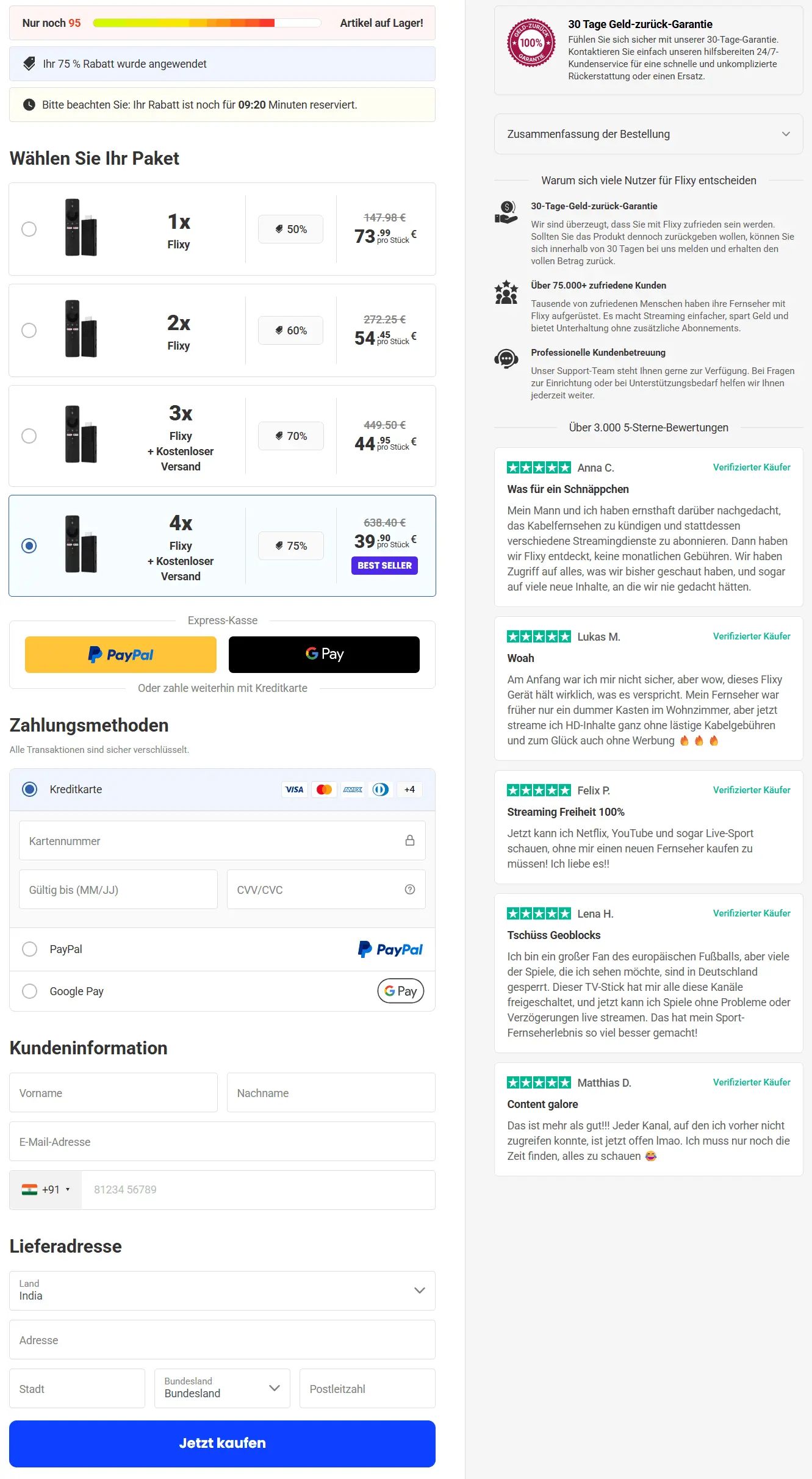 sichere Checkout-Seite für Flixy TV Stick